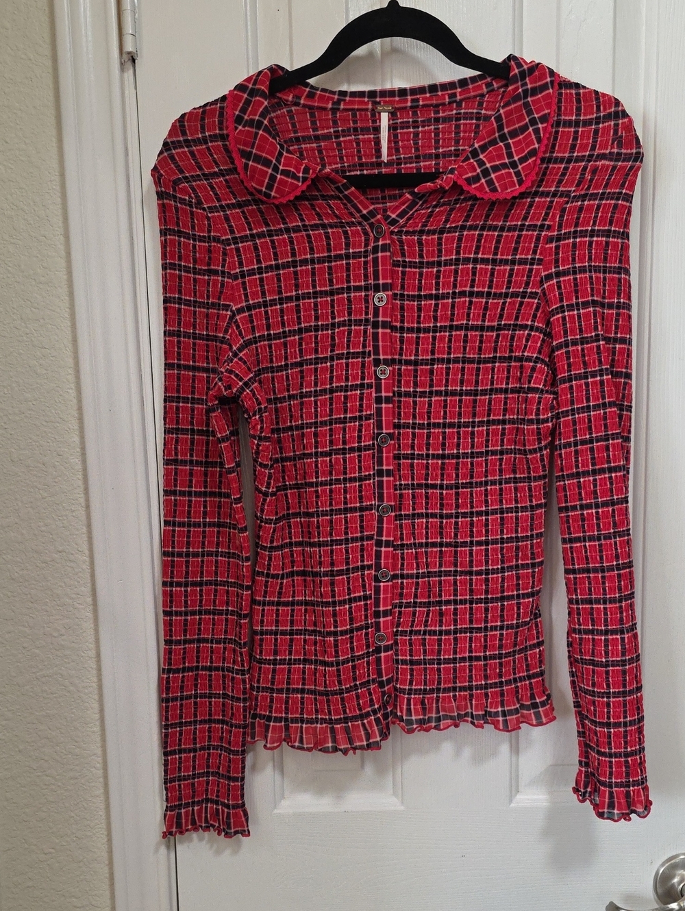Free People Red Plaid Button-Front Women’s Top Size L